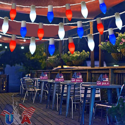 25Ft Red White and Blue Christmas Lights C9, 25 LED Fourth of July Light Shatterproof Plug in Outdoor Patriotic Lights for Patio Home Independence Day Memorial Day Christmas Decor