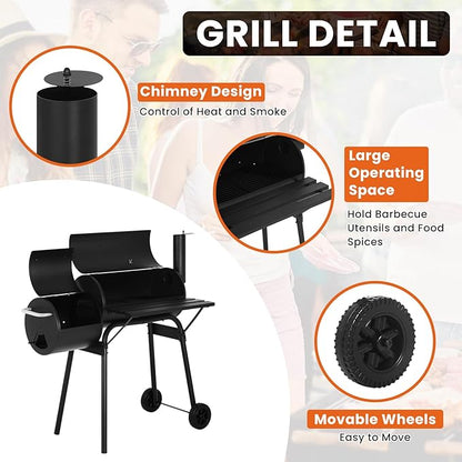 Charcoal Grills & BBQ Grill，43" Outdoor Offset Smoker Barbecue Grill with Built-in Thermometer & Wheels for Backyard, Patio, Camping
