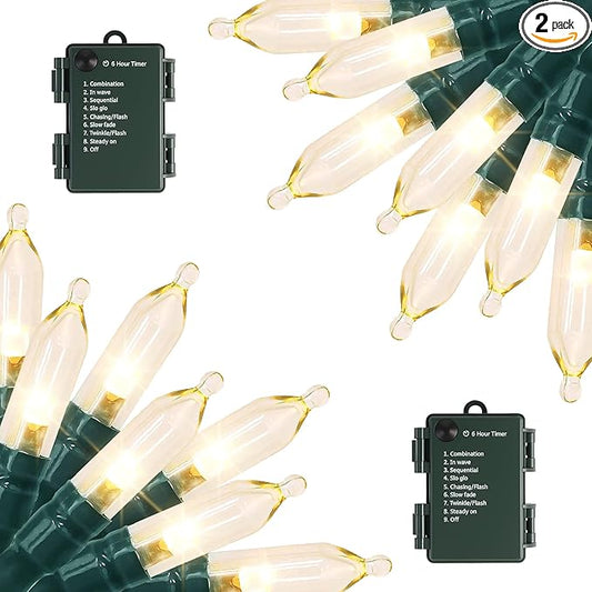 Battery Operated String Lights - 2 Pack Total 33ft 100 LEDs Warm White Christmas Lights with Timer, 8 Modes Waterproof Twinkle Lights for Indoor Outdoor Xmas Tree Wreath Party Holiday Decorations