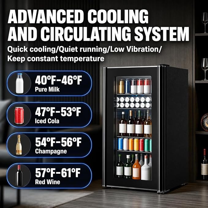 COWSAR 3.2 Cu. Ft. Beverage Refrigerator, Up to 130 Cans or 26 Bottles | Electronic controls with an LED display adjust cooling from 32–61°F, while the glass door keeps drinks easy to view.