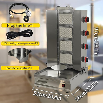 Shawarma Machine Oven Rotisserie Kebab Turkey Infrared Burner, Automatic Rotation and Adjustable Distance, 4 Propane Controls Up to 750°F,Vertical Skewers, Stainless Steel
