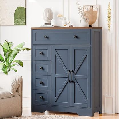 Vabches Farmhouse Storage Cabinet with 2 Doors and 5 Drawers, Freestanding Bathroom Cabinets Kitchen Pantry, Floor Storage Cabinet Hutch Cupboard for Living Room/Bathroom/Kitchen.Blue