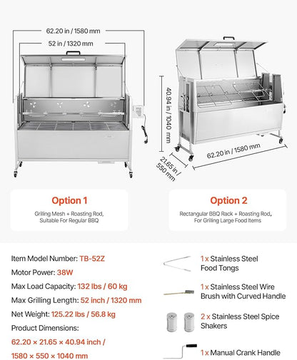 VEVOR Rotisserie Grill, 52in BBQ Outdoor Pig & Lamb Spit Roaster, Charcoal Spit Roaster with 132 LBS Capacity, Wheels, 4-Level Height, Stainless Steel Electric Rotisserie Grill Kit for Camping Outdoor
