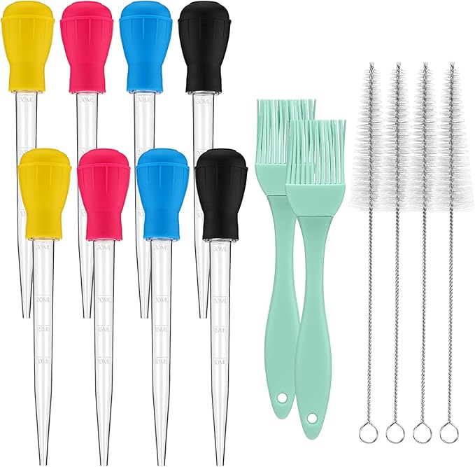 Boao 14 Pcs Heat-resistant Turkey Baster Cooking Set Includes 8 Pcs 11 Inch Large Syringe Turkey Baster, 2 Basting Brush, 4 Cleaning Brush, Meat, Food Injector for Poultry, Beef,Chicken(Vibrant Color)