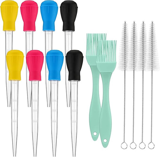 Boao 14 Pcs Heat-resistant Turkey Baster Cooking Set Includes 8 Pcs 11 Inch Large Syringe Turkey Baster, 2 Basting Brush, 4 Cleaning Brush, Meat, Food Injector for Poultry, Beef,Chicken(Vibrant Color)