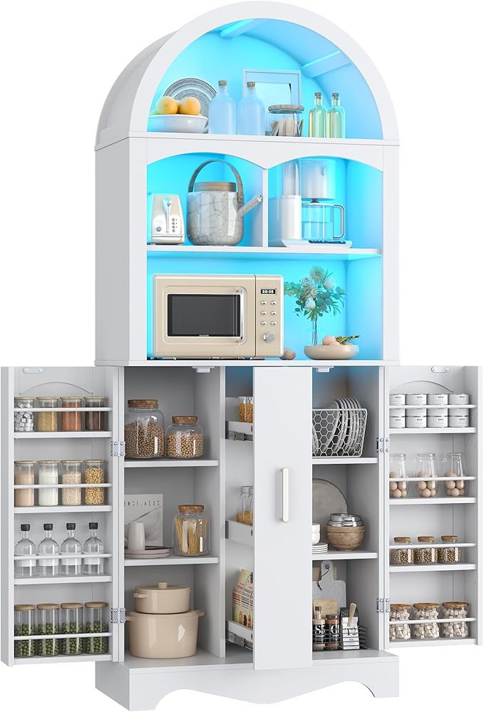 kepptory 75”Arched Pantry Cabinets with Microwave Shelf, Tall Kitchen Pantry Storage Cabinet with Drawer and Adjustable Shelves, Cupboards with LED Light for Kitchen, Living Room, Dining Room Use