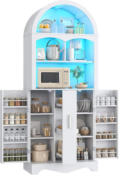 kepptory 75”Arched Pantry Cabinets with Microwave Shelf, Tall Kitchen Pantry Storage Cabinet with Drawer and Adjustable Shelves, Cupboards with LED Light for Kitchen, Living Room, Dining Room Use