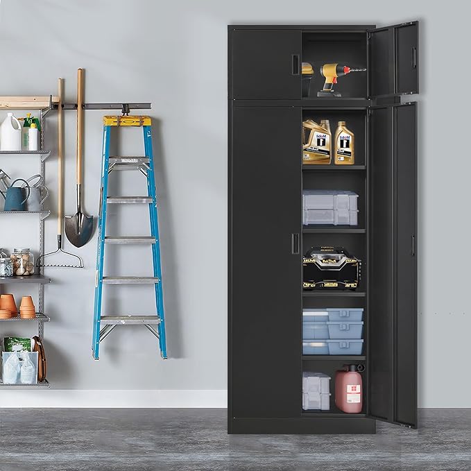 Wanfu Metal Storage Cabinet, 87" H x 32" W x 16" D Locking Storage Cabinets with 4 Adjustable Shelves and Top Cabinet for Office, Garage, Home-Black