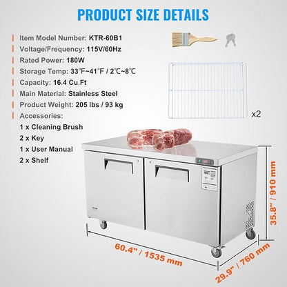 VEVOR 60" Commercial Refrigerator Sandwich & Salad Prep Table, 16.4 Cu. Ft Stainless Steel Refrigerated Food Prep Station with 2 Doors, Frost Free Refrigerator with Lock for Restaurant, Bar, Store