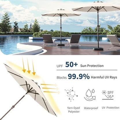 10FT Solar Umbrella 32 LED Lighted Patio Umbrella Table Market Umbrella w/Tilt and Crank, UV-Resistant Outdoor Umbrella for Pool, Garden, Deck, Creamy White