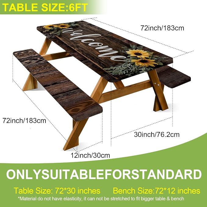 FOREVER QUEEN Picnic Table Cover with Bench Covers 72in,Waterproof Windproof Fitted Tablecloth,Spring Sunflower Welcome Print Camping Essentials with Drawstring Bag for Patio,Park & Backyard
