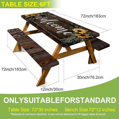 FOREVER QUEEN Picnic Table Cover with Bench Covers 72in,Waterproof Windproof Fitted Tablecloth,Spring Sunflower Welcome Print Camping Essentials with Drawstring Bag for Patio,Park & Backyard