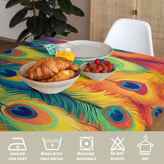 Peacock Feathers Decorative Rectangle Table Cloth Oil Painting Rainbow Feather Rectangle Kitchen Table Cover Oblong Tablecloth for Dining Table Buffet Parties Patio Camping 52" x 70" 4-6 Seats