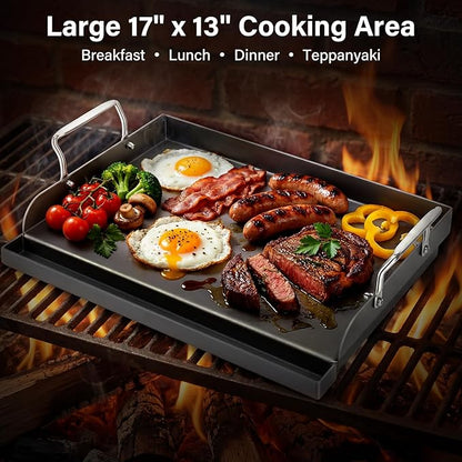 17" x 13" Cast Iron Flat Top Griddle - Oil Coating Non-Toxic - Universal Grill Insert with High Sidewalls, Fits Gas/Charcoal/Electric Grills (Weber, Charbroil, Nexgrill, More)