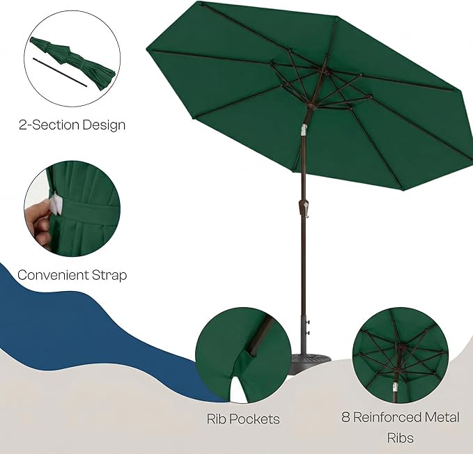 Outdoor Patio Umbrella, 2 Tiers Market Table Umbrella with 8 Sturdy Ribs, Push Button Tilt and Crank, UPF50+ UV Protection for Deck, Pool, Garden and Backyard