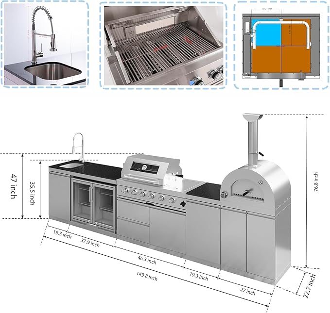 108,000 BTU Modular Outdoor Kitchen,150" Stainless Steel Propane Grill with Built-In Pizza Oven,Side Burner,Rotisserie,Double Door Refrigerator,Granite Countertop,Storage Drawers & Cabinets.