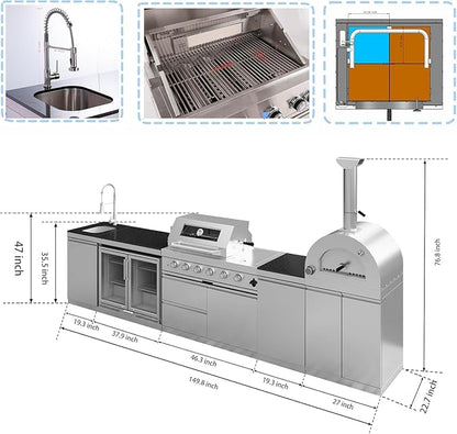 108,000 BTU Modular Outdoor Kitchen,150" Stainless Steel Natural Gas Grill with Built-In Pizza Oven,Side Burner,Rotisserie,Double Door Refrigerator,Granite Countertop,Storage Drawers & Cabinets.