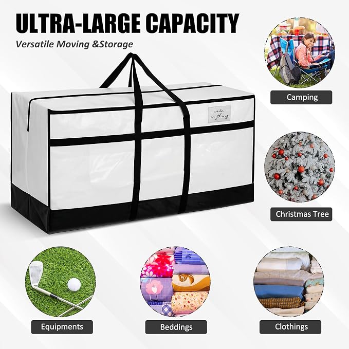 4 Pcs 66 Gallon Extra Large Moving Bags Heavy Duty Storage Bag with Strong Zipper Handle Foldable XXL Jumbo Storage Tote Packing Moving Box for College Dorm Travel Cloth Duffle(Black and White)