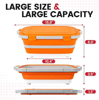 BBQ Prep Tub,8L Collapsible Cutting Board with Locking Lid for RV, Orange | Outdoor Food Prep Bin, Stable Carry Handles, Quick-Rinse Surface, For Campsites, Cookouts, Road Trips, Family BBQ Nights