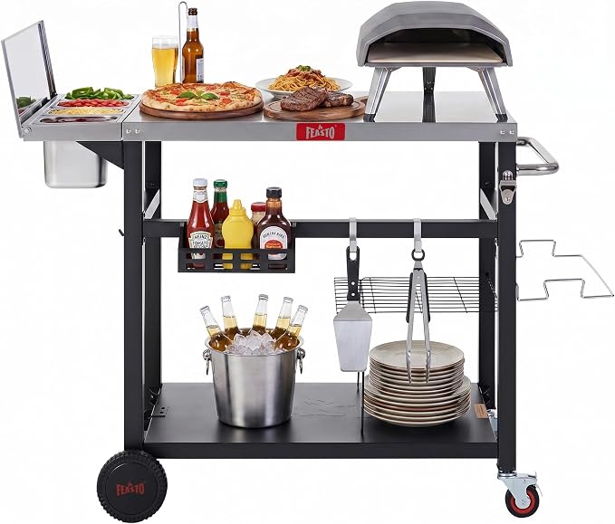 Feasto Outdoor Pizza Prep Cart with Topping Station & Stainless Steel Top | Integrated Pizza Topping Station with Lid, Food-Grade Prep Tabletop, Lockable Wheels (2x1.5L+2x0.9L Containers Included)