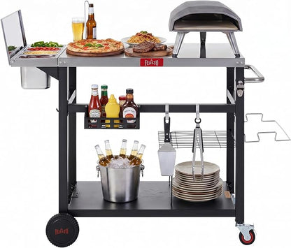 Feasto Outdoor Pizza Prep Cart with Topping Station & Stainless Steel Top | Integrated Pizza Topping Station with Lid, Food-Grade Prep Tabletop, Lockable Wheels (2x1.5L+2x0.9L Containers Included)