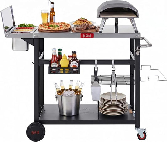 Feasto Outdoor Pizza Prep Cart with Topping Station & Stainless Steel Top | Integrated Pizza Topping Station with Lid, Food-Grade Prep Tabletop, Lockable Wheels (2x1.5L+2x0.9L Containers Included)