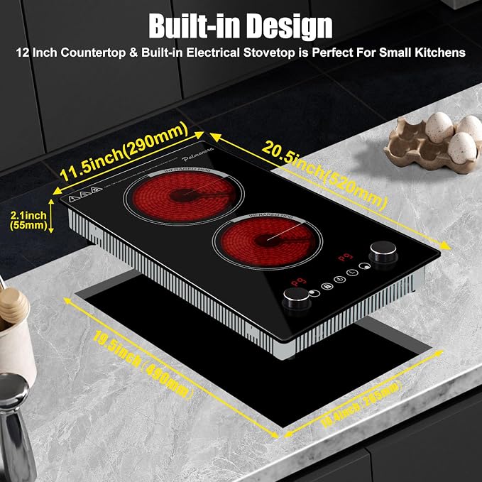 2 Burner Electric Cooktop,12 Inch Built-in Stove Top, 2200W,110V | Electric Cook Top, Knob Control, 9 Power Levels,Over-Temperature Protection