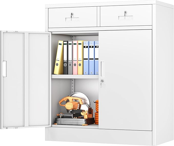 BESFUR Metal Storage Cabinet, Garage Storage Cabinet with 2 Drawers and Adjustable Shelf, Locking Short Storage Cabinet for Office Garage Home, White Metal Cabinets(36" H x 31.5" W x 16" D)