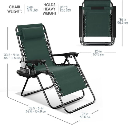 Nestl Zero Gravity Chairs 1 Pk, Portable Patio Lounge Outdoor with Pillows & Cup Holder Trays, Adjustable Steel Lawn Chair for Deck, Beach - Forest Green