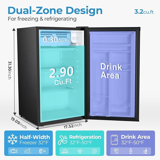 COWSAR 3.2 Cu.Ft Mini Fridge with Freezer, Freestanding Compact Refrigerator with Reversible Door & 7-Speed Thermostat, Small Fridge for Office, Apartment, Gameroom (BLACK)