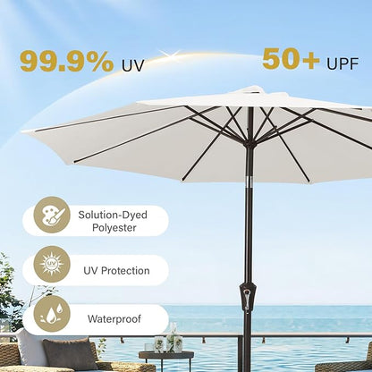 MEWAY 9ft Patio Umbrella Outdoor Table Umbrellas with Push Button Tilt and Crank, Market Umbrella 8 Sturdy Ribs for Deck, Garden, Pool and Backyard, Creamy-white