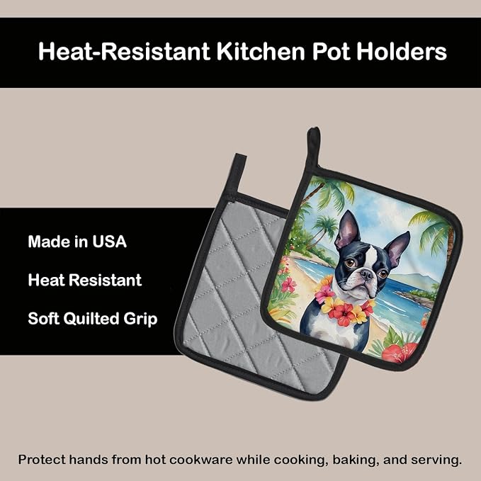 Caroline's Treasures Boston Terrier Luau Pair of Pot Holders Kitchen Heat Resistant Pot Holders Sets Oven Hot Pads for Cooking Baking BBQ, 7 1/2 x 7 1/2