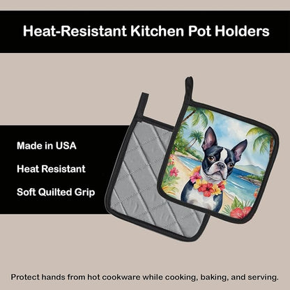 Caroline's Treasures Boston Terrier Luau Pair of Pot Holders Kitchen Heat Resistant Pot Holders Sets Oven Hot Pads for Cooking Baking BBQ, 7 1/2 x 7 1/2