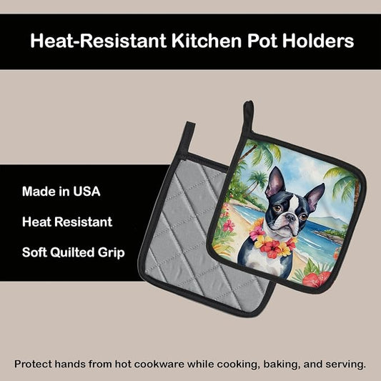 Caroline's Treasures Boston Terrier Luau Pair of Pot Holders Kitchen Heat Resistant Pot Holders Sets Oven Hot Pads for Cooking Baking BBQ, 7 1/2 x 7 1/2