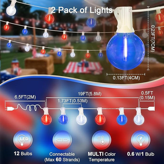 LAMPHOME 2-Pack 26Ft Outdoor Red White Blue String Lights, Patriotic Patio Light with 12+1 Edison Bulbs, LED Shatterproof String Lights for Outside Bistro Christmas Patio Party Decorations