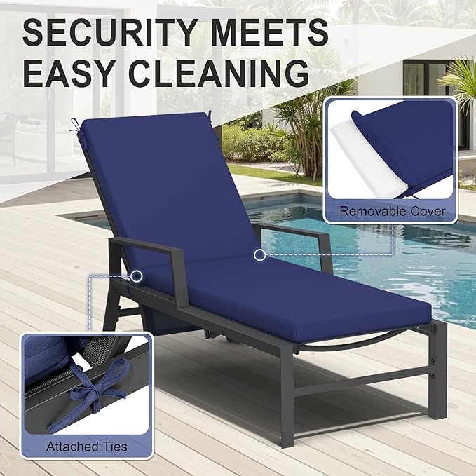 Crestlive Outdoor Chaise Lounge Cushions, 3 Years Fade Resistant Water Resistant Lounge Chair Cushion, 72''L x 21''W, Set of 2, Navy