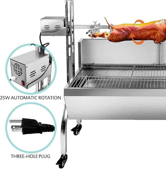 25w 48.6in Electric Rotisserie Grill Portable 176lbs Portable Stainless Steel Rotisserie Grill Roster With Wheels, Motor, Wind Baffle For Pig Chicken Lamb Rotisseries Roasting Machine