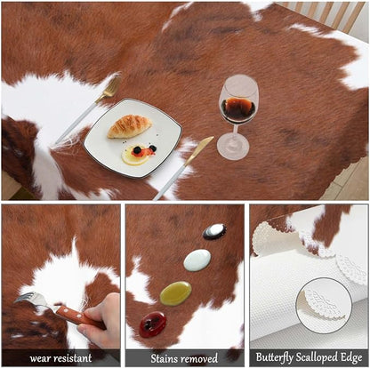 Swono Decorative Rectangle Table Cloth Cowhide, Farm Animal Brown Cowhide Print Cow Polyester Tablecloth Kitchen Table Cover for Dining BBQ Picnic Coffee Table 50x72, 4-6 Seats