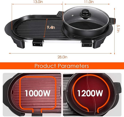 Electric Hot Pot with Grill Indoor Korean BBQ Grill Shabu-shabu Hotpot, Removable Hotpot Pot W/Large Capacity Baking Tray, Smokeless Non-Stick, 5-Gear Adjustable Temperature, 1-6 People 110V