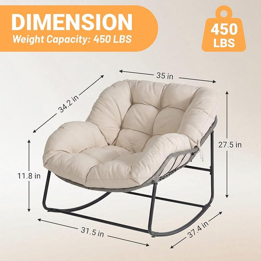 Bifanuo Oversized Egg Rocking Chair for Indoor/Outdoor – All-Weather Wicker Rattan Lounge Chair with Cushion, Patio Rocker for Porch, Garden, or Balcony (Classic Beige)