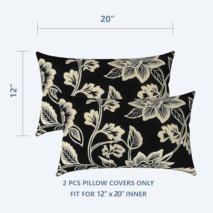 LVTXIII Outdoor/Indoor Lumbar Pillow Covers, Patio Decorative Lumbar Pillow Covers, All Weather Cushion Cases for Sofa, Patio Couch Decoration 12x20, 2 Pack, Elegant Vines Black