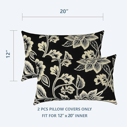LVTXIII Outdoor/Indoor Lumbar Pillow Covers, Patio Decorative Lumbar Pillow Covers, All Weather Cushion Cases for Sofa, Patio Couch Decoration 12x20, 2 Pack, Elegant Vines Black