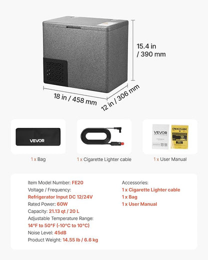 VEVOR 12 Volt Refrigerator, 21.1 QT/ 20L Car Fridge, Portable Ultra-Light EPP Freezer, APP Control Electric Compressor, 12V/24V DC, 14℉ to 50℉, for Truck Van RV SUV Boat Travel Camping
