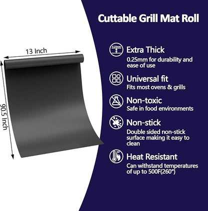 UBeesize 13x90 Inch Grill Mats Roll for Outdoor Grill- Heavy Duty Non-Stick BBQ Grilling Mat & Oven Liner, Reusable, Easy to Clean - Cut to Custom Fit Oven, Gas, Charcoal, and Electric BBQ