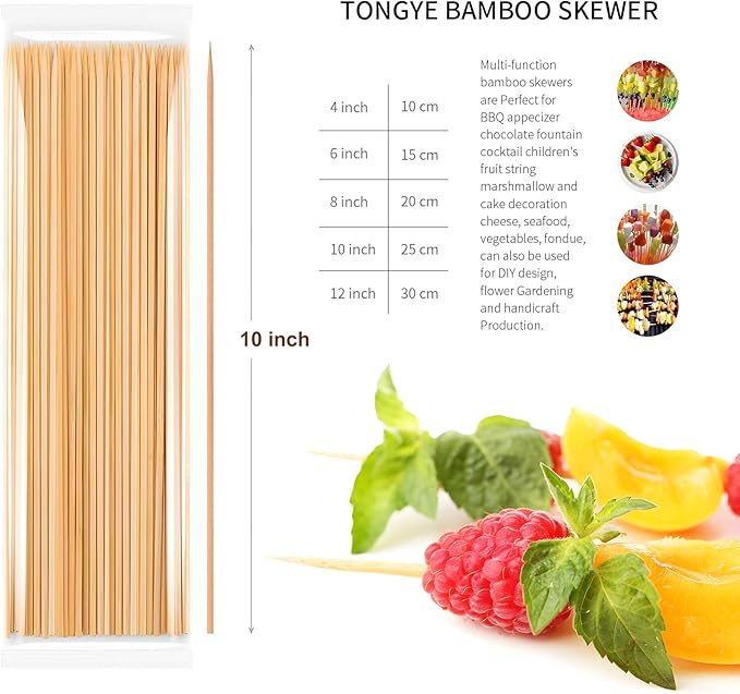 [100 PCS] 10 inch Bamboo Skewers, Premium Wooden Skewers without Splinters, Skewers for Grilling, BBQ, Appetizer, Fruit Kabobs, Chocolate Fountain, Cocktail Toothpicks, and Food Skewer Sticks.