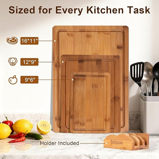 Cutting Board Set with Holder, Space Saving Kitchen Bamboo Chopping Boards, Build in Juice Groove and Grip Handle, Durable Wooden Serving Board for Meal Prep & Charcuterie, Gift Idea