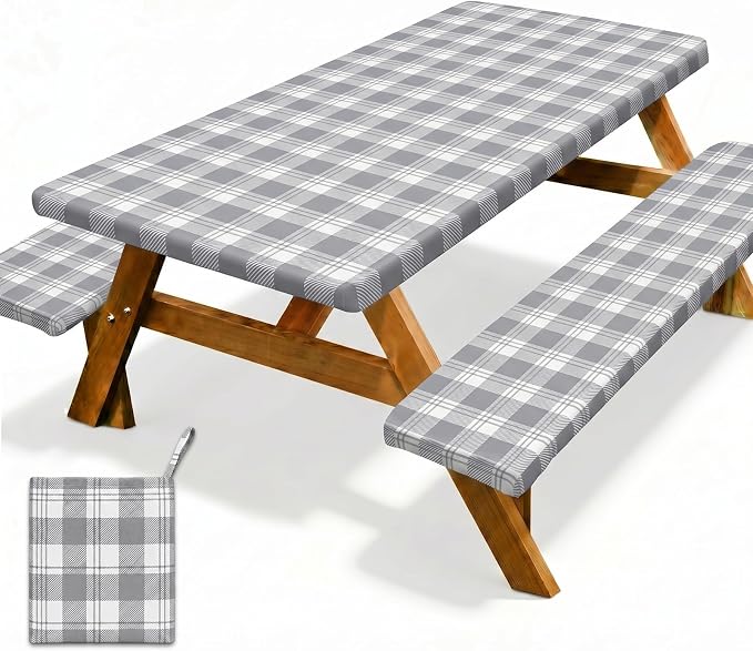 Picnic Table Cover with Bench Covers Windproof Waterproof Picnic Table Covers Camping Tablecloth with Self-Storage Bag, 72in, Light Grey