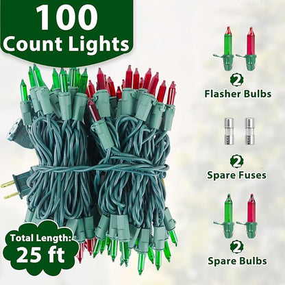 Christmas Lights 25FT 100 Count Incandescent Bulbs Red and Green Mini Lights with Green Wire for Christmas Tree, Garland, Wedding, Party, Home, Indoor & Outdoor Festival Decoration