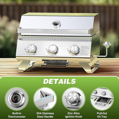 COWSAR Portable 3-Burner Table Top Gas Grill with Griddle, Stainless Steel BBQ Propane Grill, Flat Top Grill with Lid for Outdoor Cooking Camping or Tailgating, 24,000 BTU