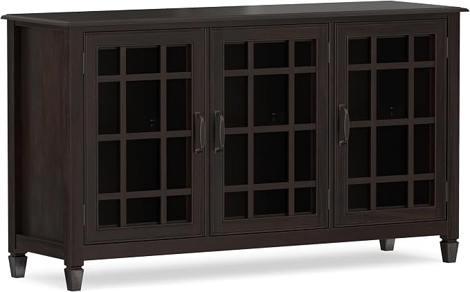 SIMPLIHOME Connaught 60" Solid Wood Buffet in Chestnut Brown | Traditional sideboard buffet with glass doors and adjustable shelves for organized dining or living room storage.
